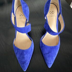 Vince Camuto Cobalt Blue Leather Upper 4" Heels Open Slides Size 8